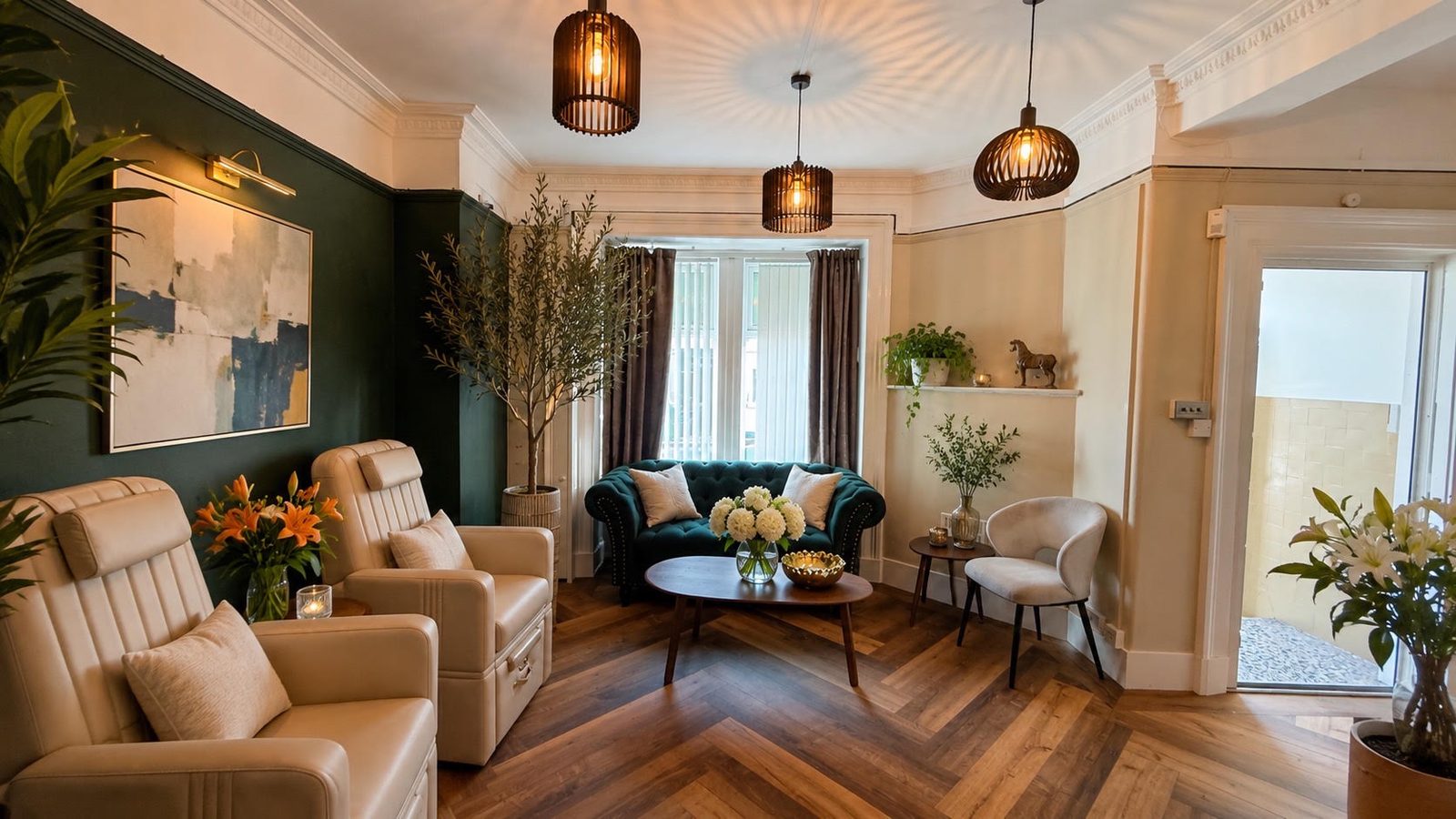 The relaxation lounge, with a velvet sofa, olive trees and warm pendant lighting